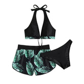 Traje de baño de 3 piezas con escote en V, botones y espalda descubierta con estampado de hojas